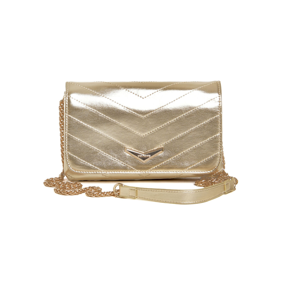 Bolsa tiracolo Via Marte dourado metalizado vista frontal com alça de corrente